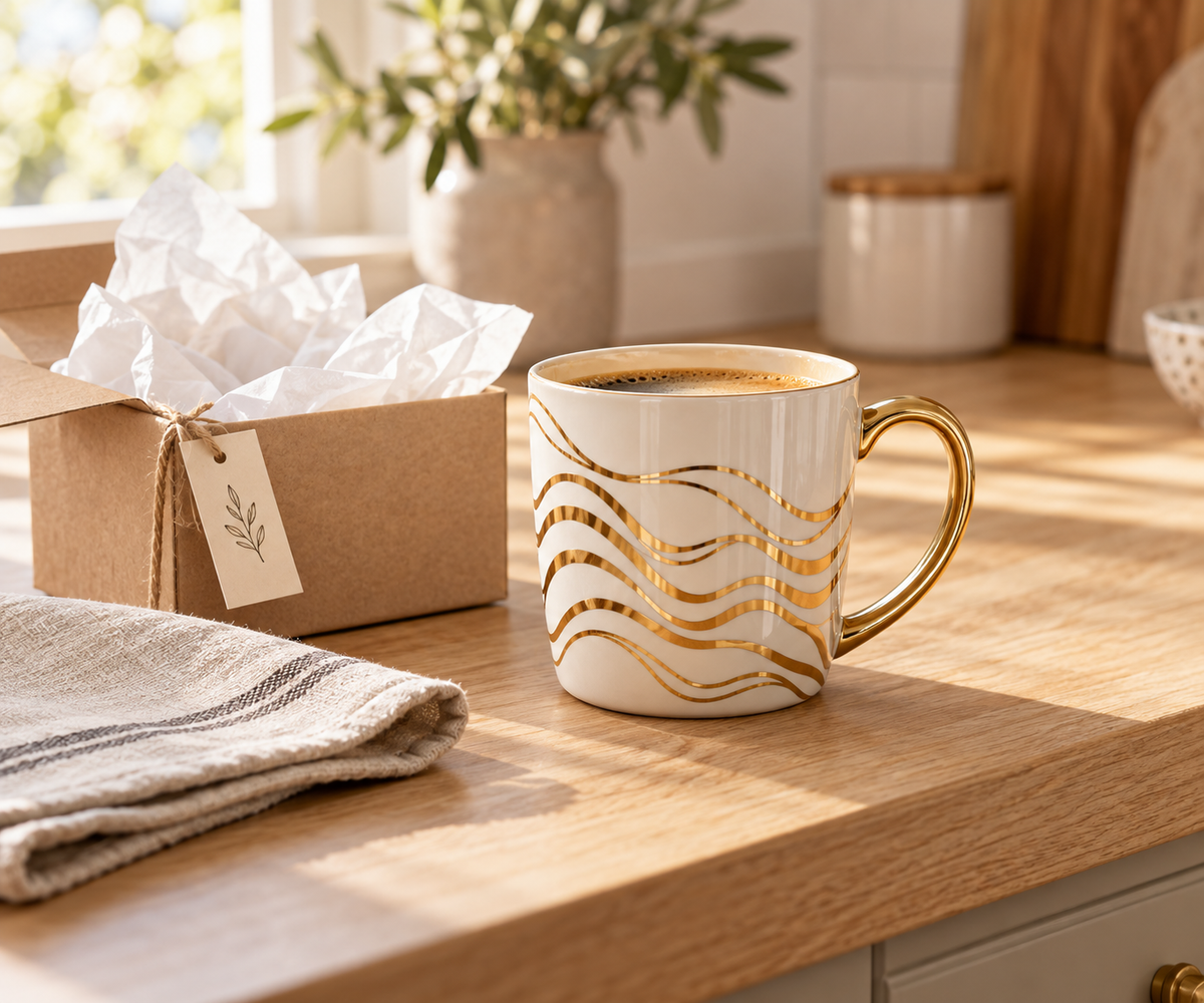 Decorative golden waves coffee mug beside a kraft gift box on a kitchen counter — unique golden waves mug gift ideas for coffee and tea drinkers