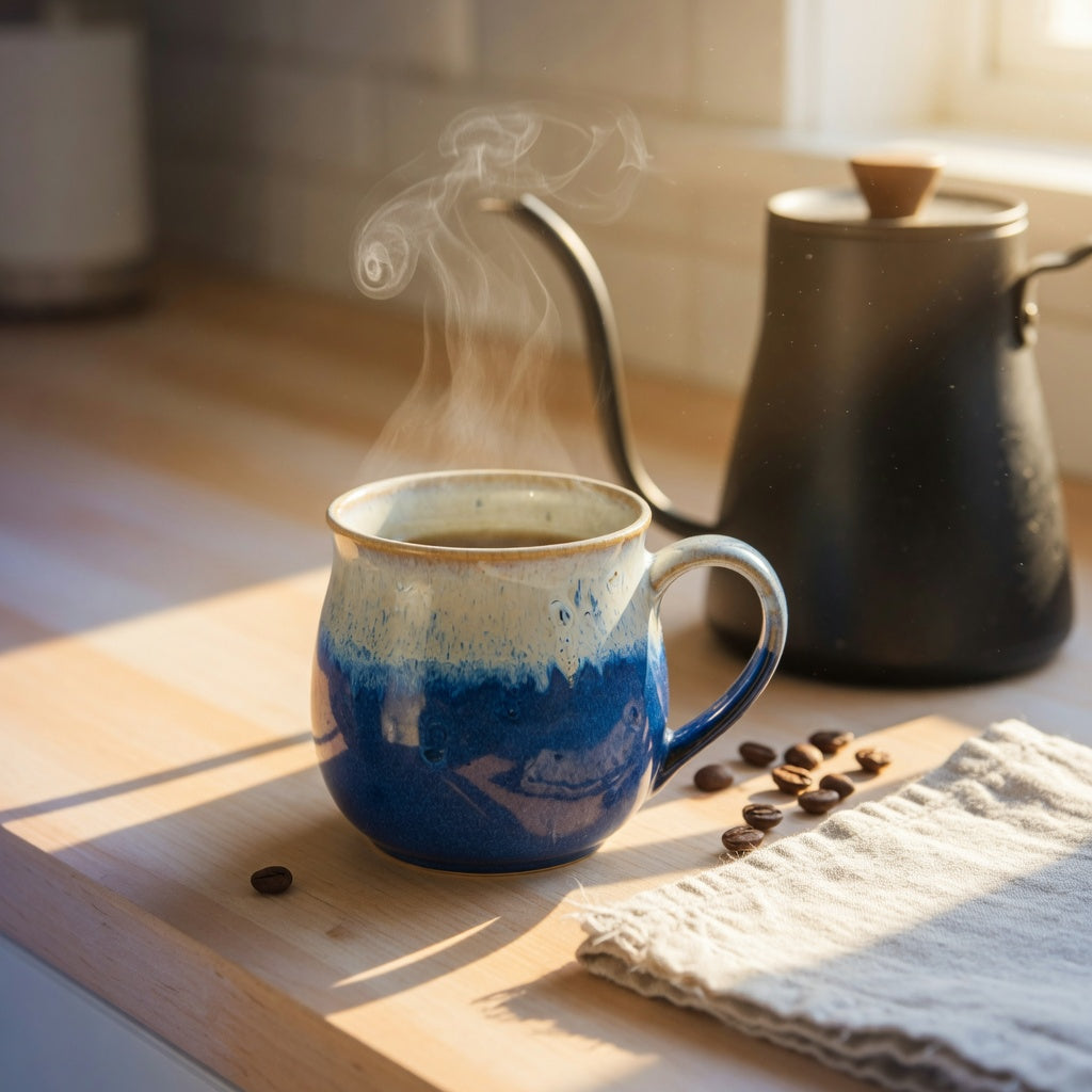 Unique gradient coffee tea mug gift with a blue ombre glaze beside a pour-over kettle on a sunlit kitchen counter