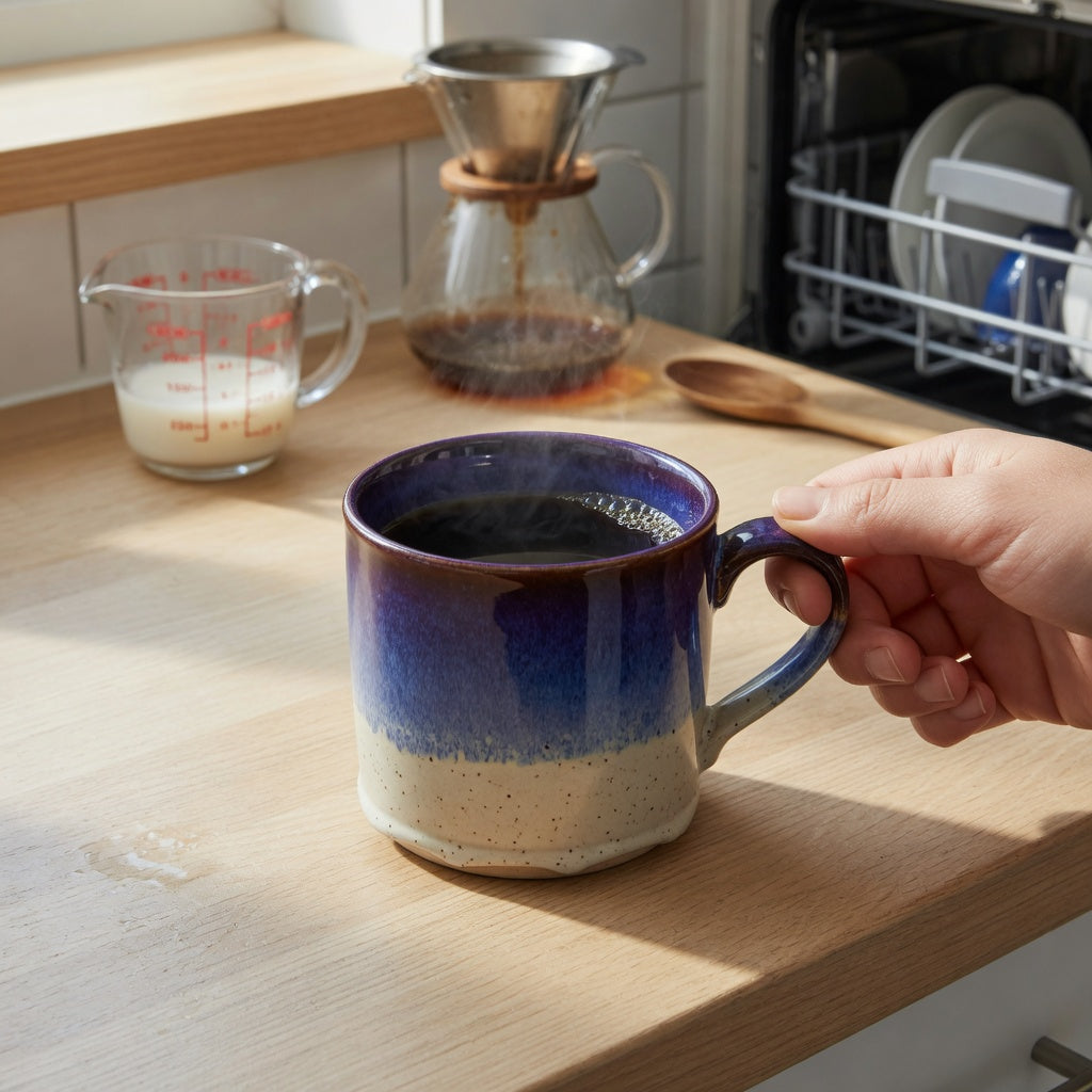 A unique gradient mug for coffee lovers on an oak counter beside a pour-over carafe