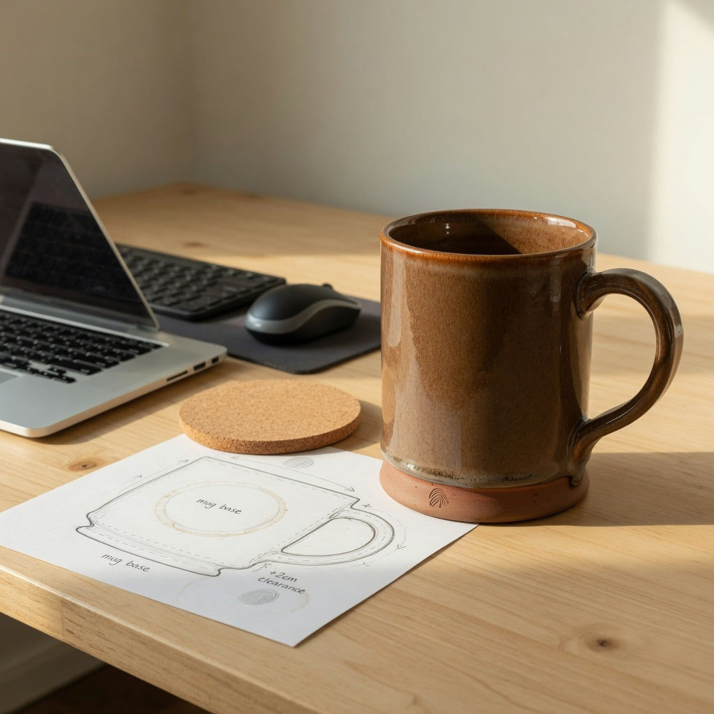 Unique large ceramic mug for desk beside a laptop, keyboard, mouse, and footprint template