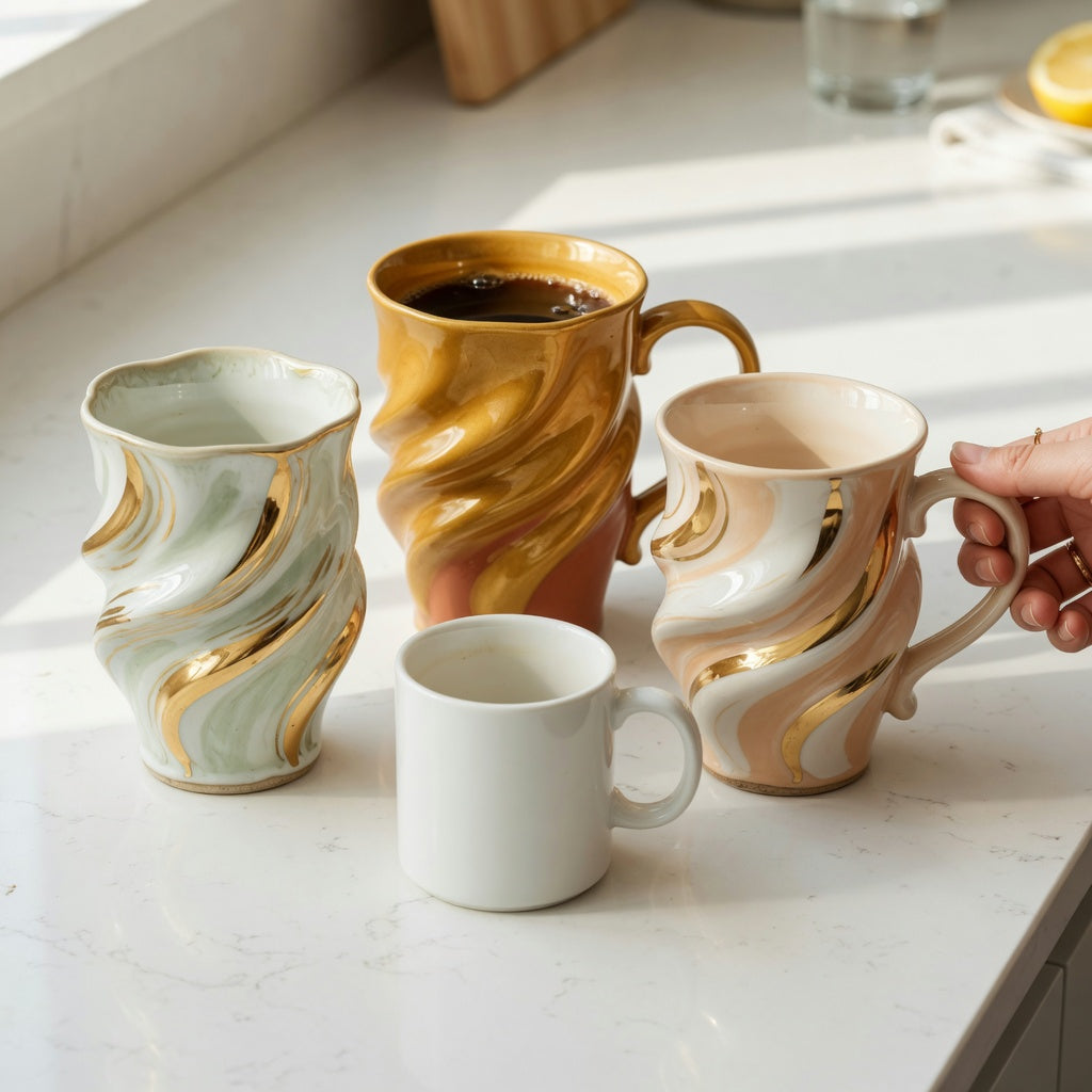 Unique large decorative mugs in tall, flowing, and golden-wave styles compared on a kitchen counter