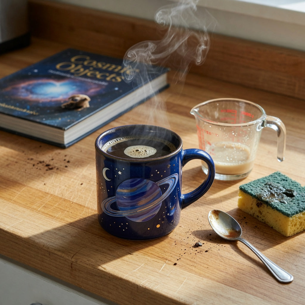 A unique planet ceramic mug on a kitchen counter with a measuring cup and soft sponge for size and care comparison