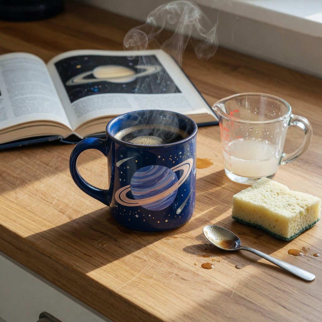 A unique planet ceramic mug on a kitchen counter with a measuring cup and soft sponge for size and care comparison