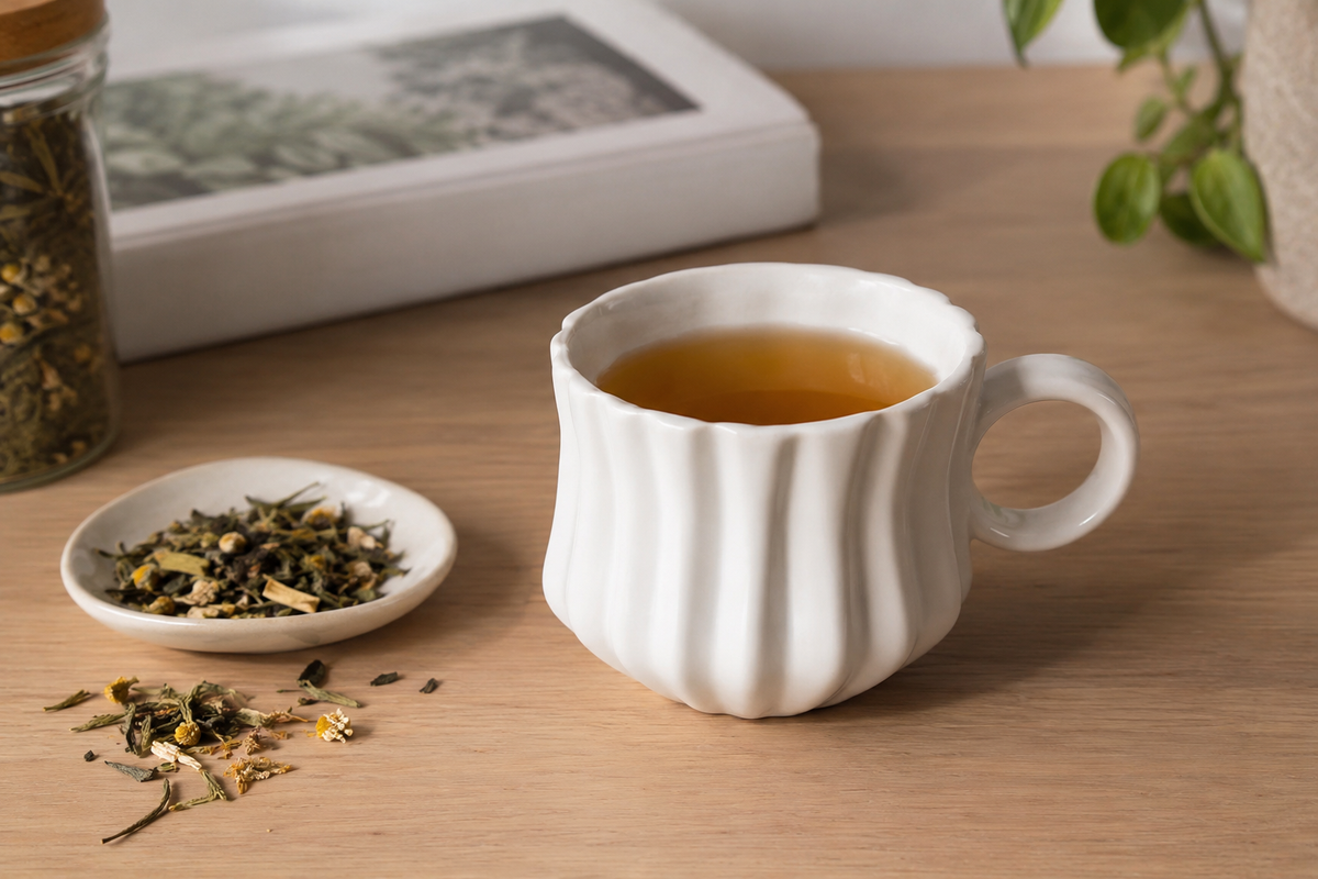 Unique pleated ceramic coffee cup for tea filled with tea on a wooden surface