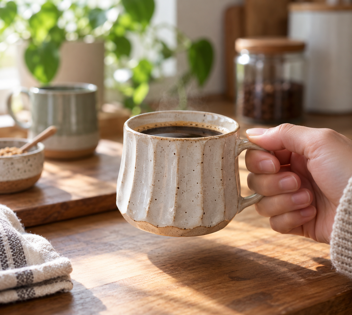 Unique pleated ceramic cup 200 ml for home on kitchen counter ready for coffee or tea