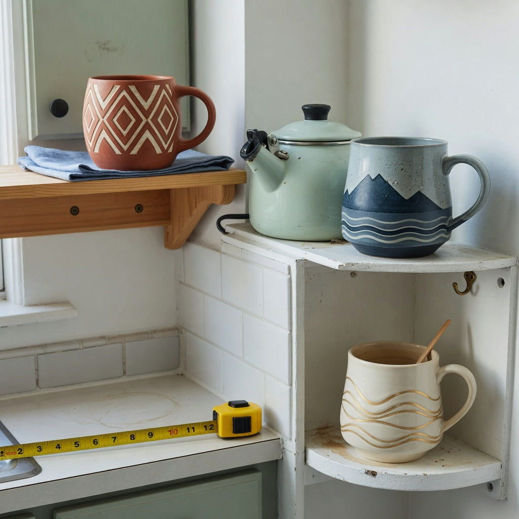 unique pottery coffee mugs compact kitchen product shortlist guide featuring Rhombus, Mountain Sea, and Golden Waves Kio styles on a shallow shelf