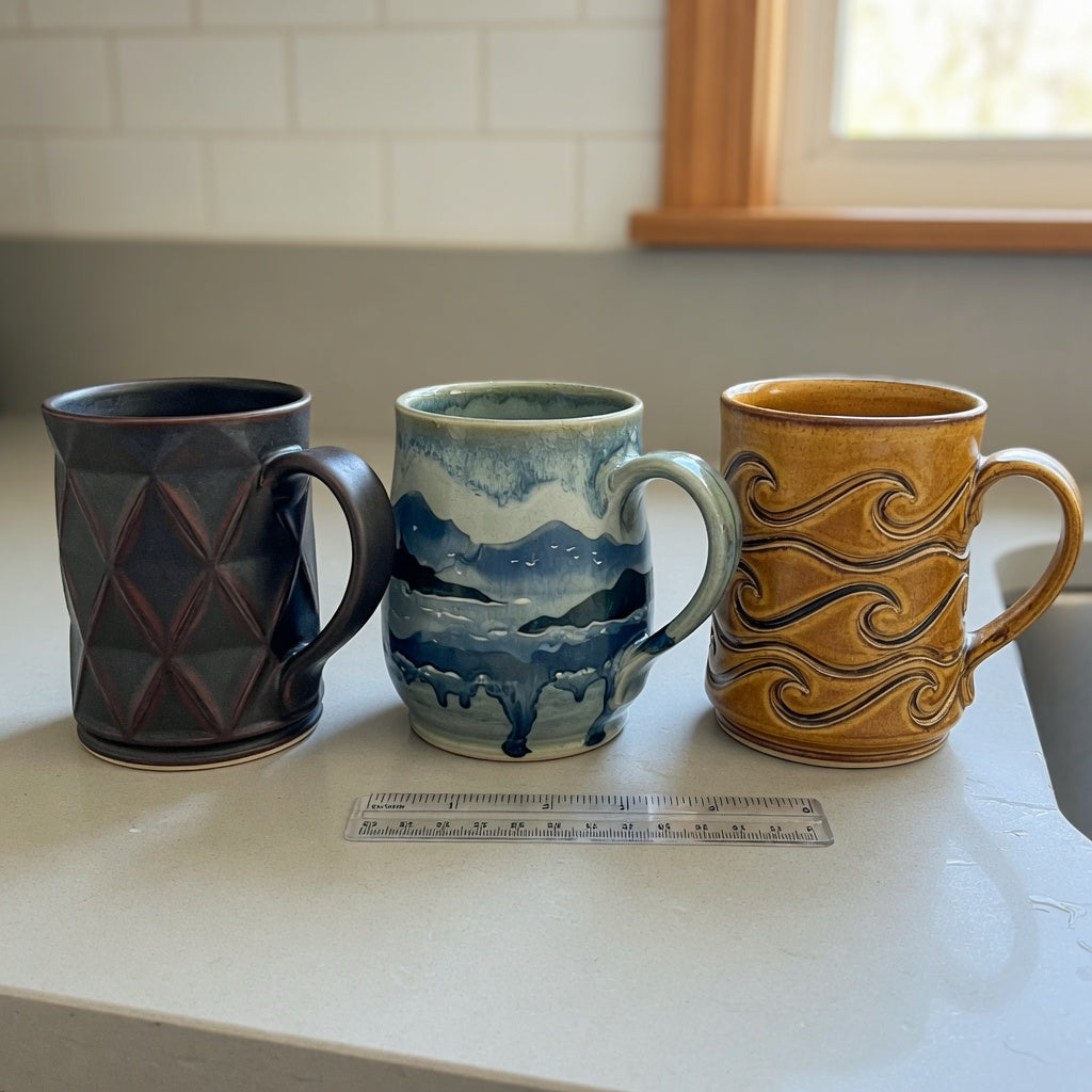 Side-by-side unique pottery coffee mugs current product facts comparison showing Rhombus, Mountain Sea, and Golden Waves Kio shapes