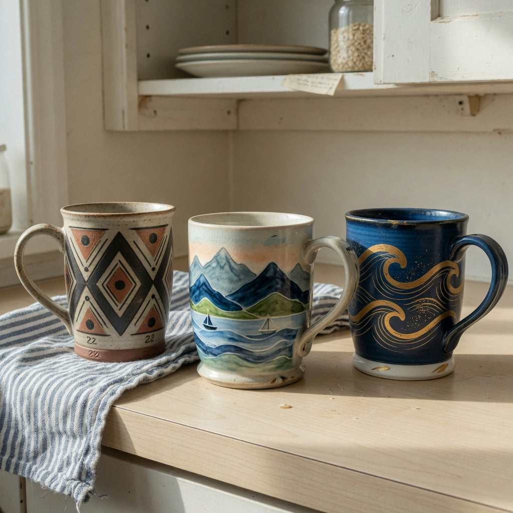 Unique pottery coffee mugs everyday mug rotation product shortlist guide with geometric, mountain-sea, and golden-wave mugs on a kitchen counter
