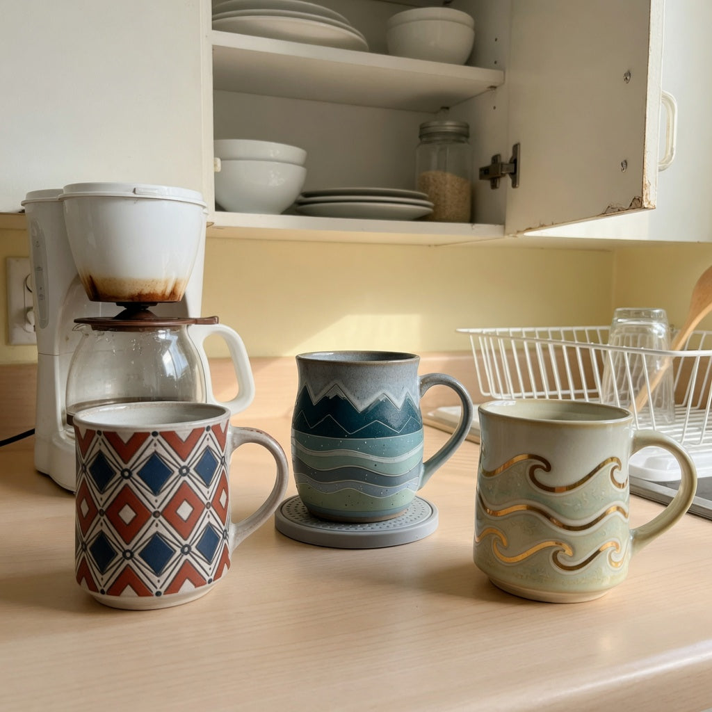 unique pottery coffee mugs everyday mug rotation practical purchase checklist with three mugs beside an open kitchen cabinet
