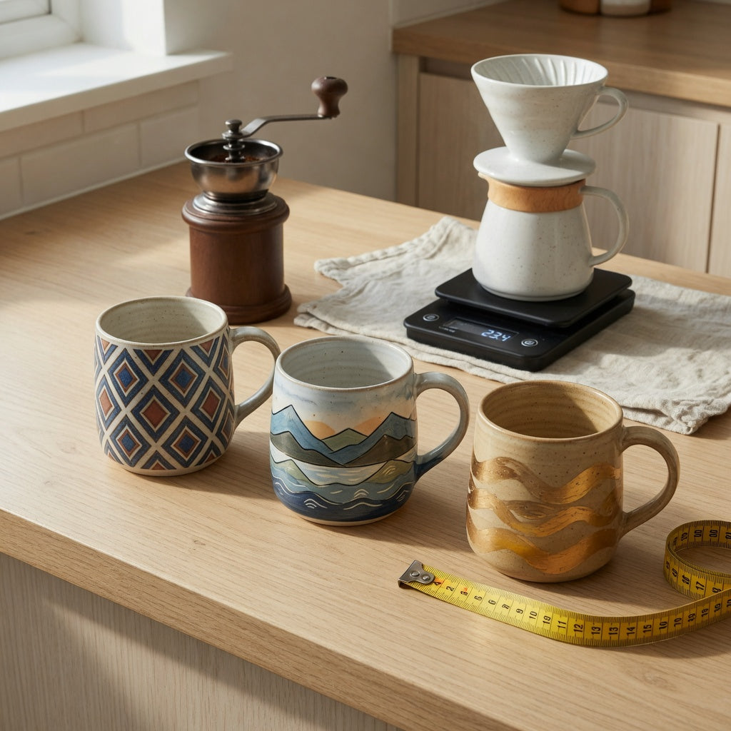 unique pottery coffee mugs home coffee station practical purchase checklist with three patterned mugs beside a grinder and pour-over brewer