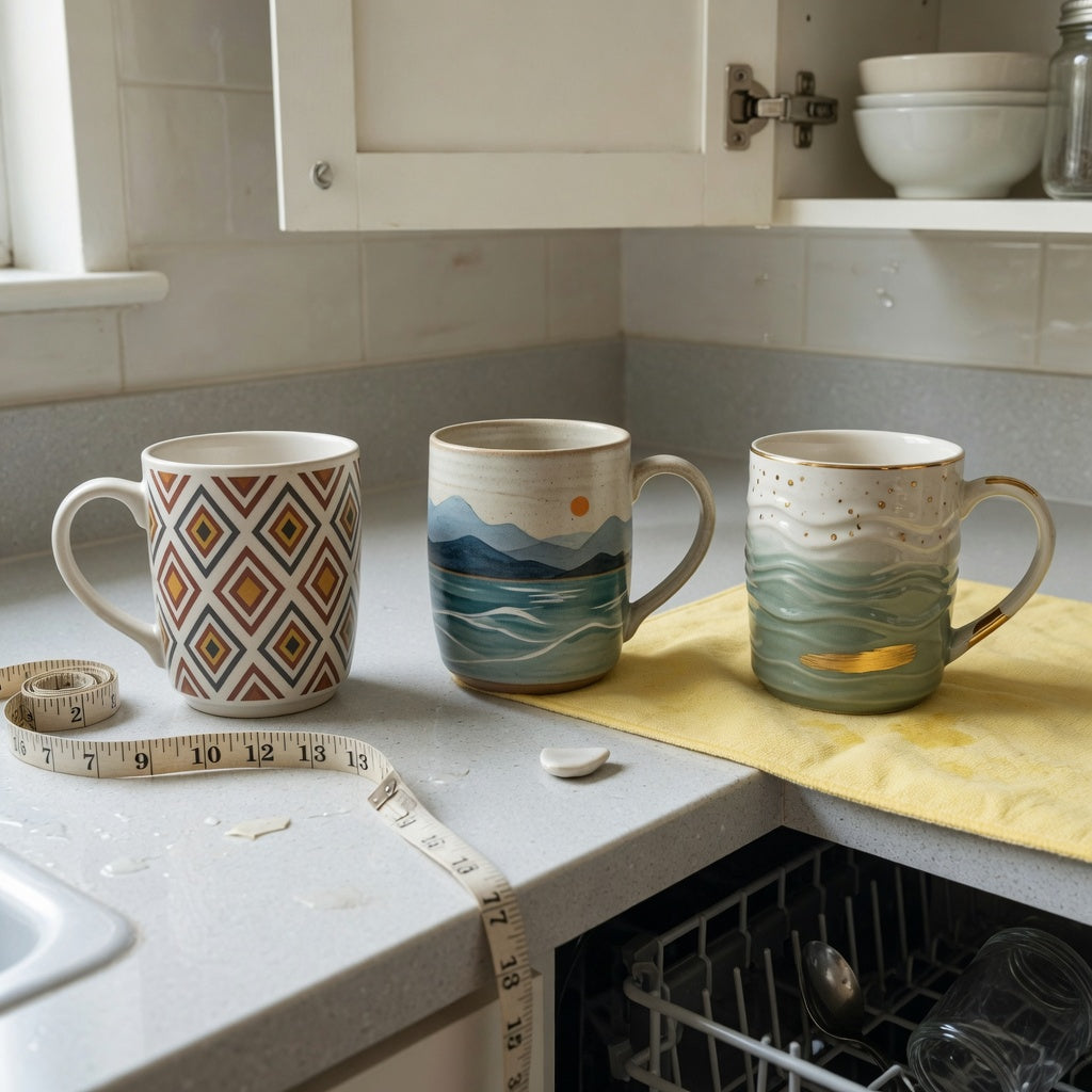 Unique pottery coffee mugs shared household practical purchase checklist with geometric, landscape, and wave-detail mugs on a kitchen counter