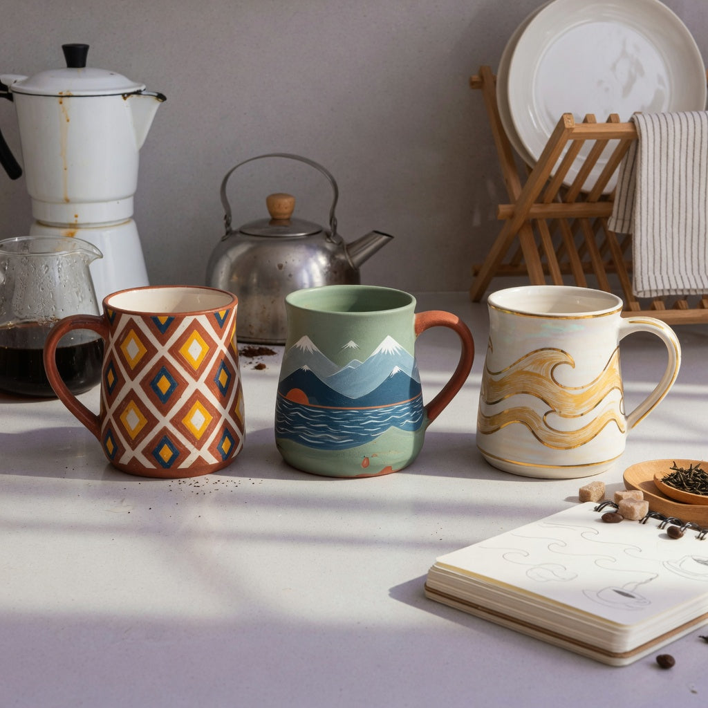 Three distinct mugs arranged for a unique pottery coffee mugs shared household product shortlist guide on a shared kitchen counter