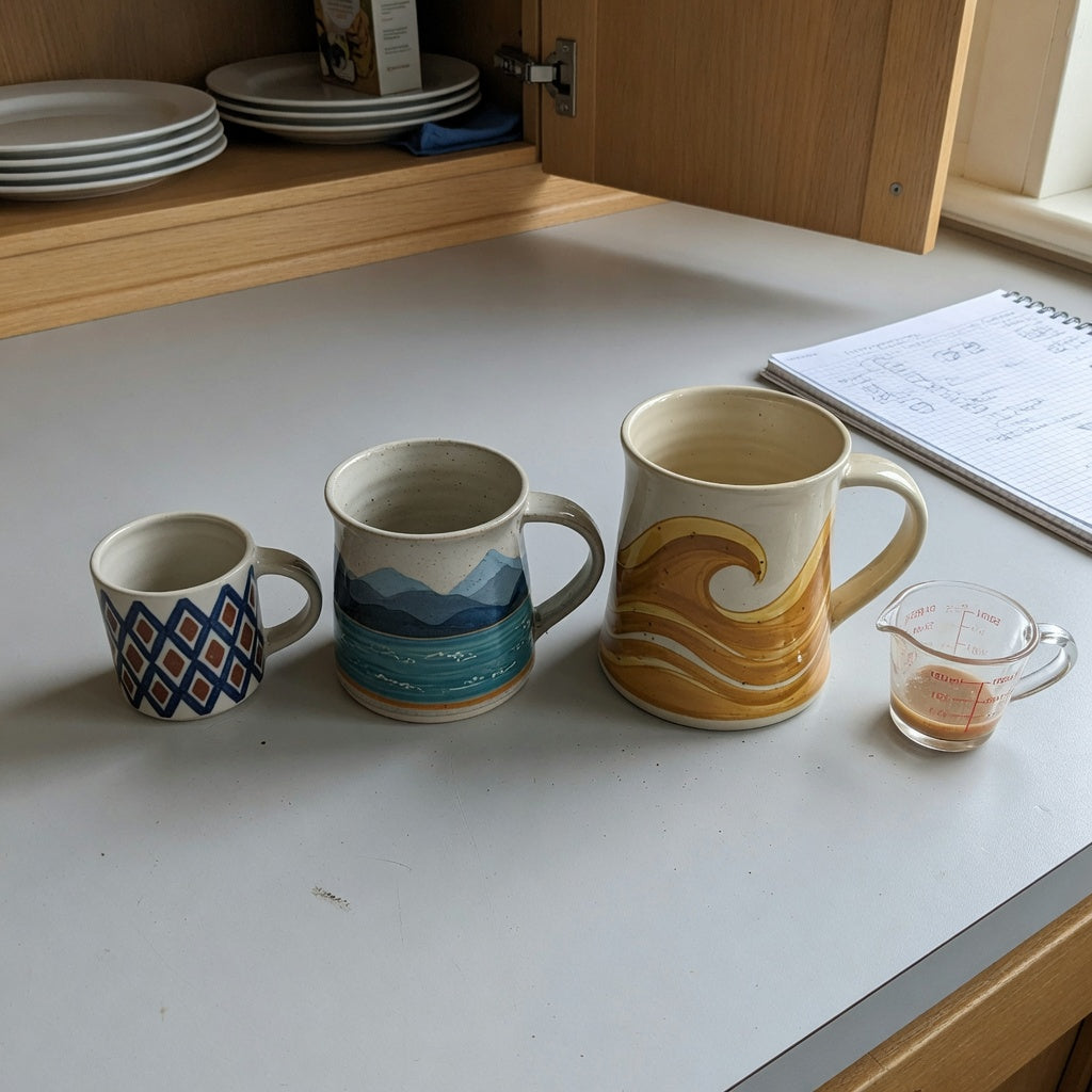 Unique pottery coffee mugs size decision guide comparing smaller Rhombus, Mountain Sea, and larger Golden Waves Kio options