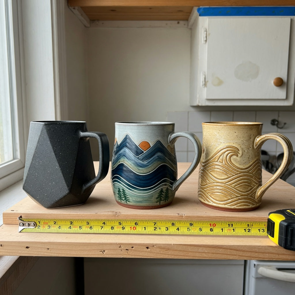 Unique pottery coffee mugs storage fit guide showing three mug shapes, handles, and shelf clearance beside a tape measure