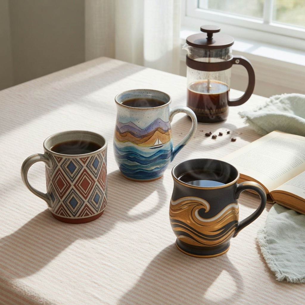 A unique pottery coffee mugs weekend coffee practical purchase checklist shown with three decorative mugs on a weekend breakfast table