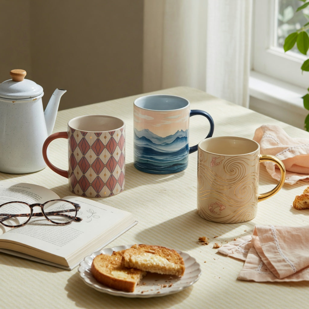 unique pottery coffee mugs weekend coffee product shortlist guide with Rhombus, Mountain Sea, and Golden Waves Kio designs on a weekend table