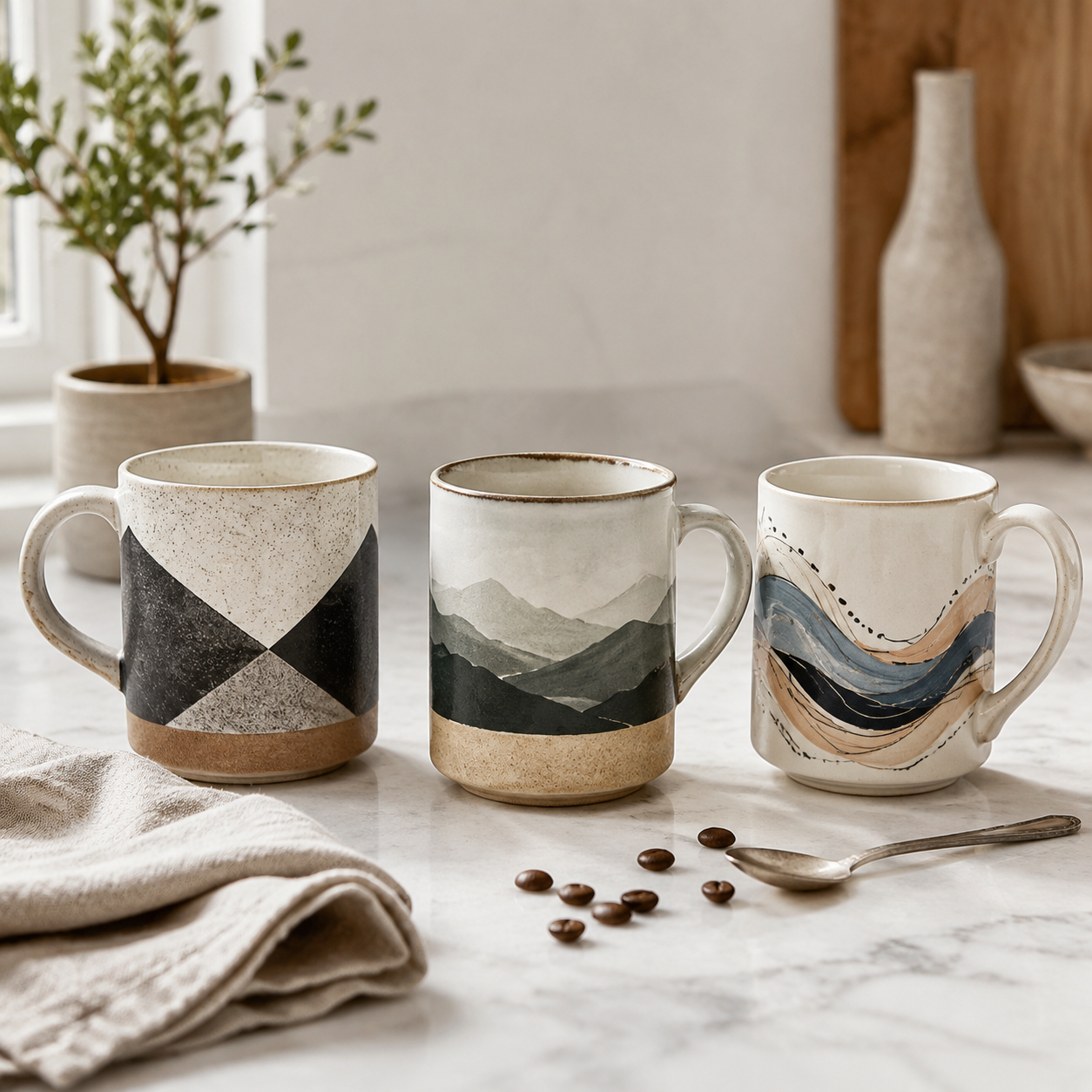 Unique pottery coffee mugs displayed on a kitchen counter for comparing shapes, handles, and decorative styles