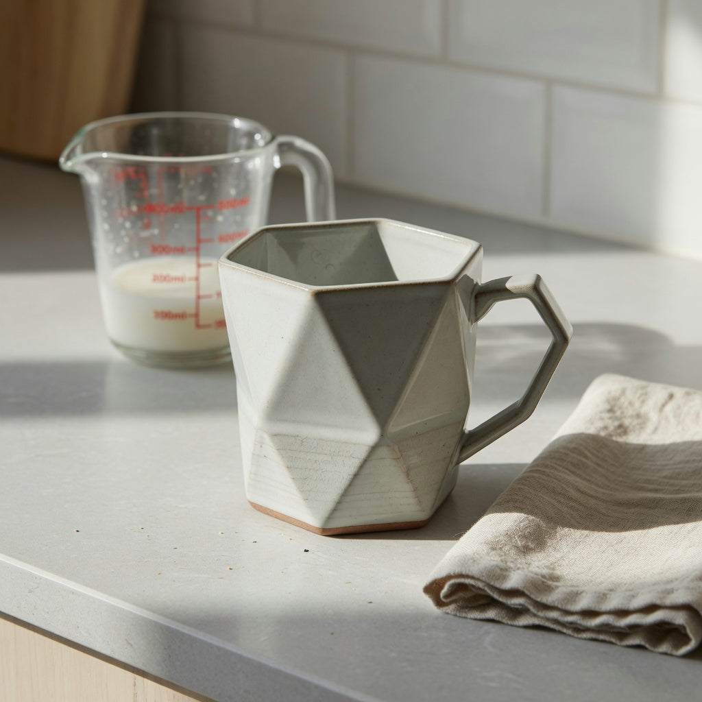 Unique rhombus ceramic mug showing its angular body, handle, rim, and flat base on a kitchen counter