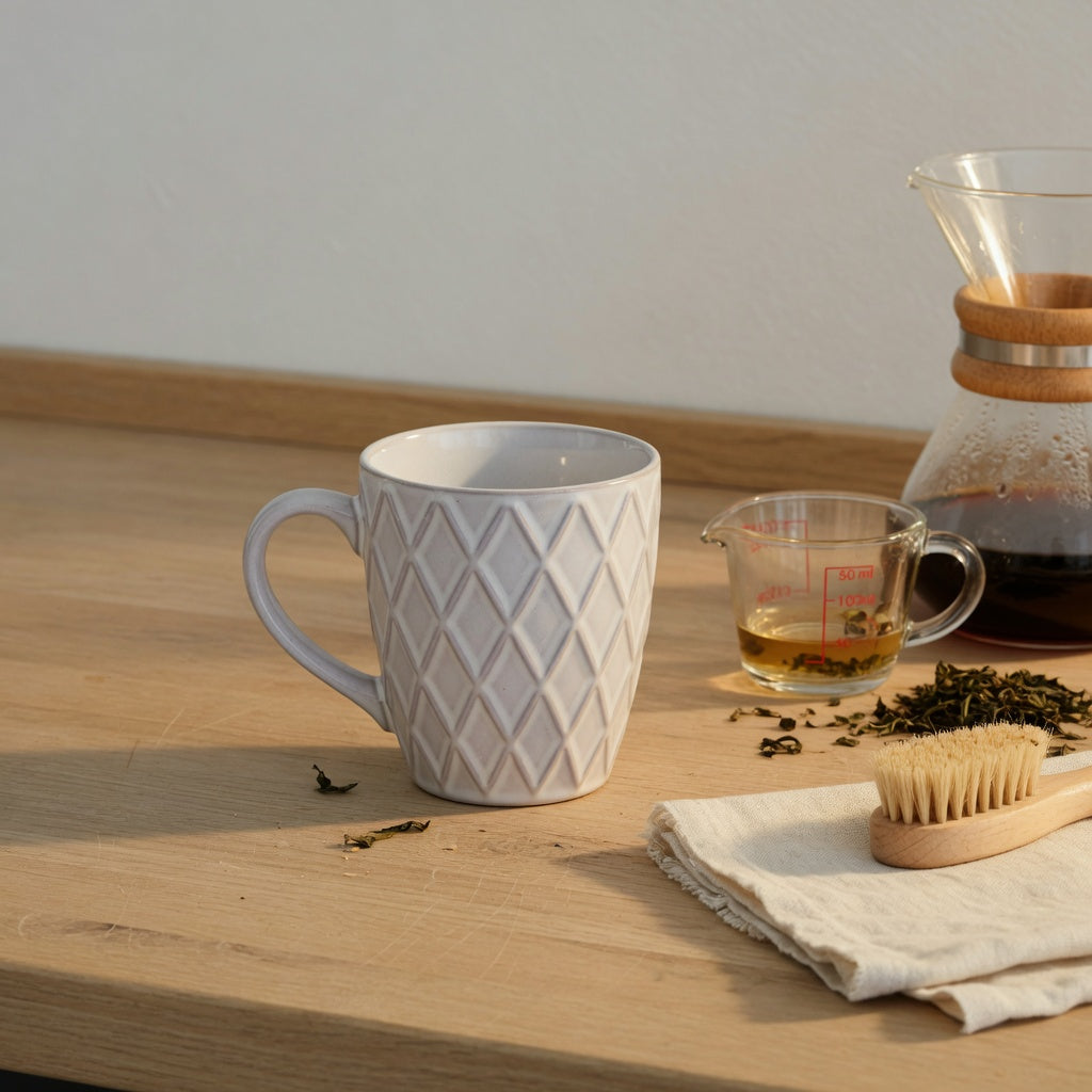 Unique rhombus ceramic mug with raised diamond relief on a light kitchen counter