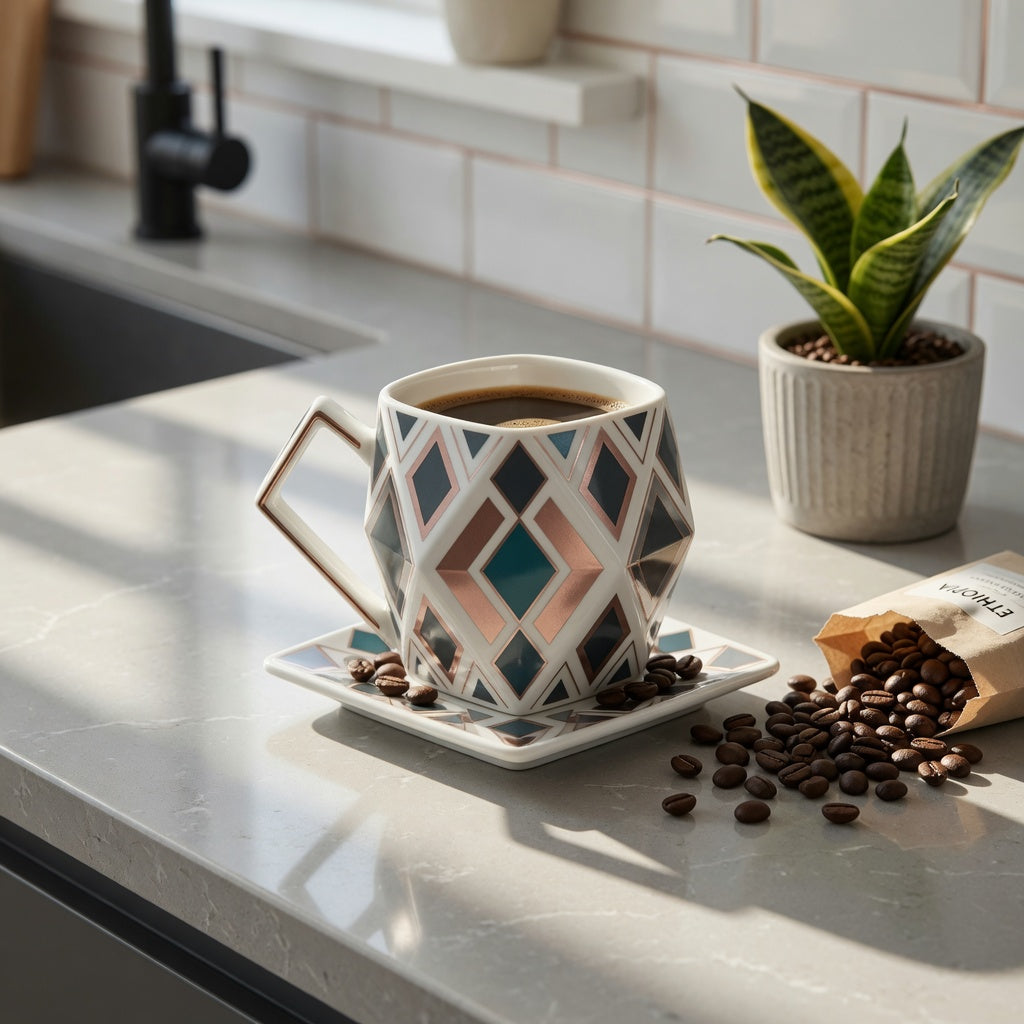 Unique rhombus coffee cup for home decor with diamond shape design on modern counter