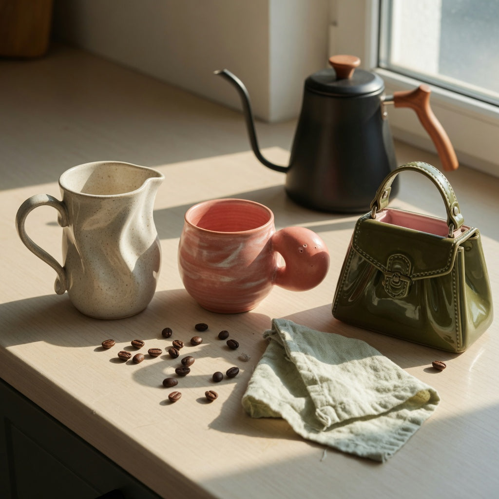 Three unique sculptural ceramic mug designs — curved body, ball handle and handbag silhouette — compared side by side on a kitchen counter