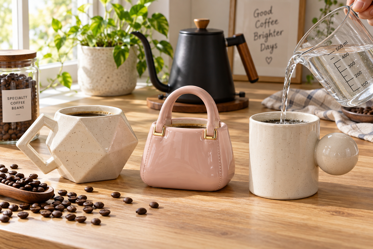 Three unique shaped ceramic coffee mugs — a rhombus mug, a handbag mug, and a ball-handled mug — on a wooden counter beside a measuring cup of water and coffee beans.
