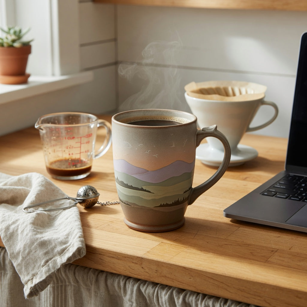 Unique tall mugs for coffee lovers beside coffee and tea brewing tools on a sunlit kitchen counter