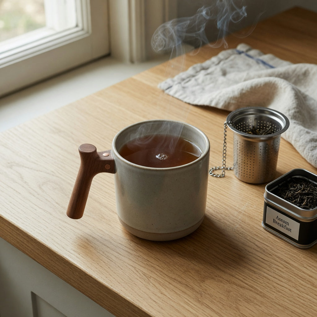 Unique tea mug with wooden handle filled with steaming tea beside an infuser basket on a light oak counter