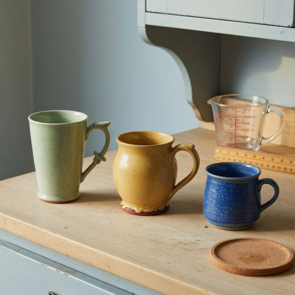 Vintage pottery coffee mugs buying priorities shown with three mug shapes beside a measuring cup, ruler, shelf, and desk coaster