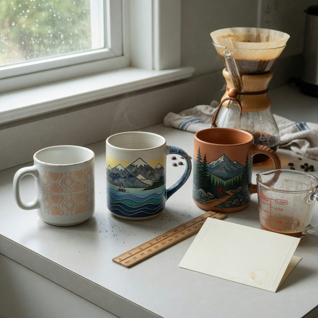A vintage pottery coffee mugs gift choice practical purchase checklist scene comparing retro, mountain sea, and mountain-themed mugs