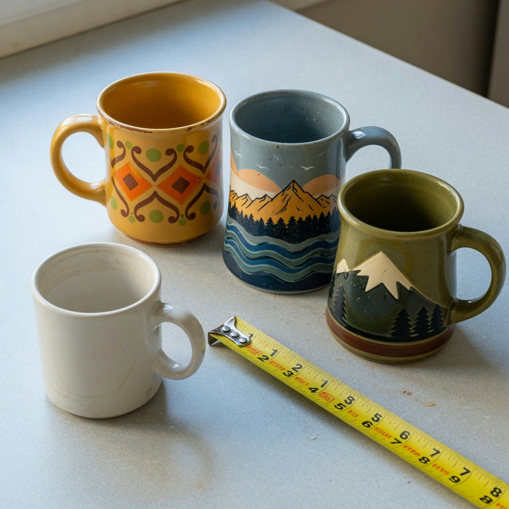 vintage pottery coffee mugs gift choice product shortlist guide showing retro, mountain sea, and mountain designs on a kitchen counter