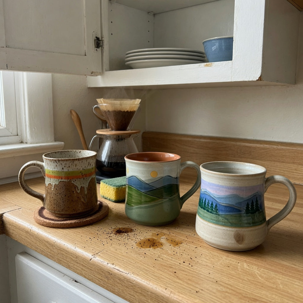 Vintage pottery coffee mugs everyday mug rotation practical purchase checklist with three mugs beside an open kitchen cabinet