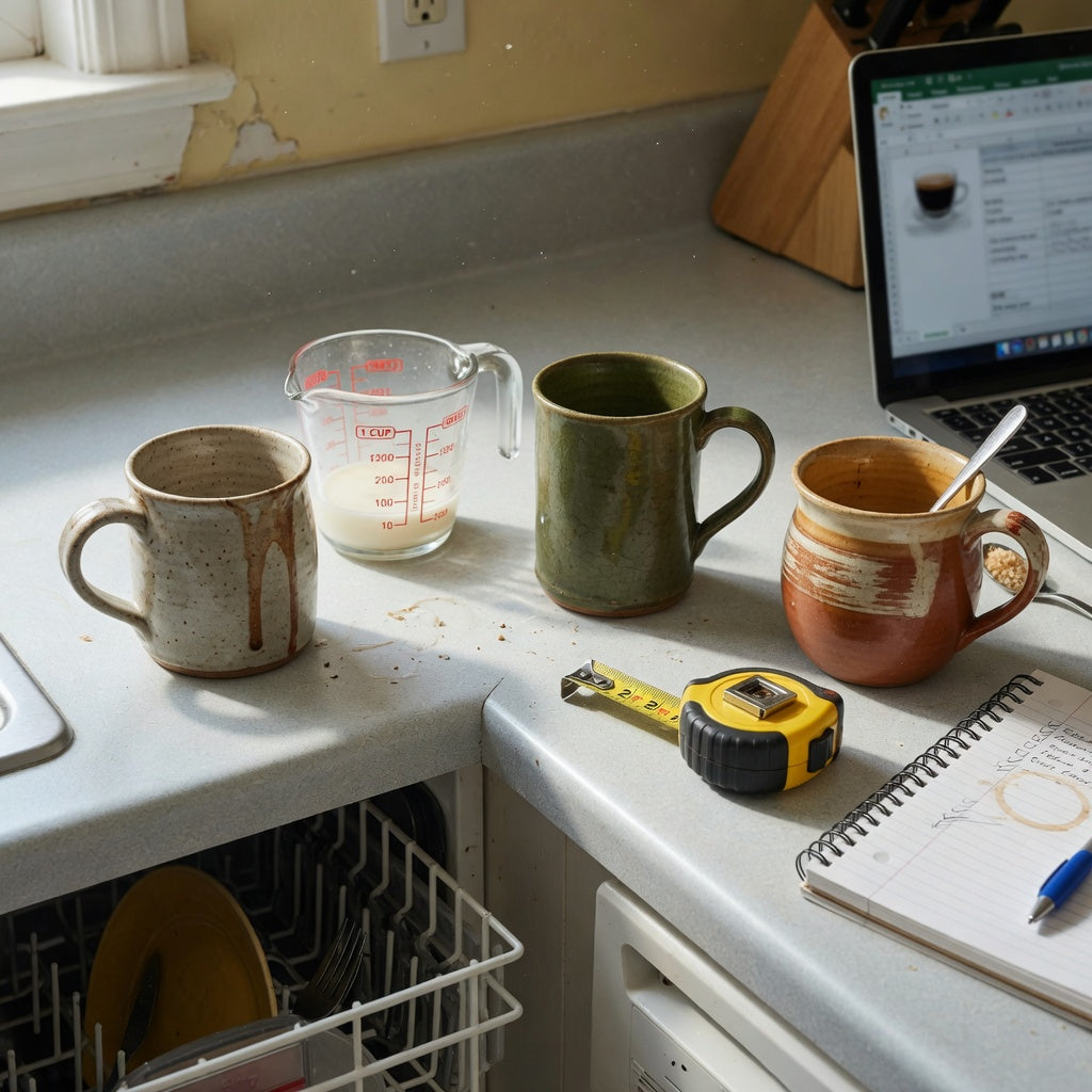 Vintage pottery coffee mugs shared household practical purchase checklist with three individual mugs, a measuring jug, and cabinet measurements