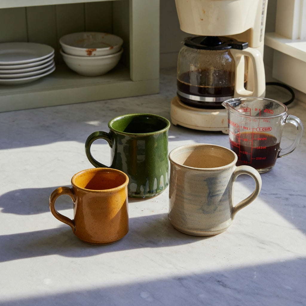 vintage pottery coffee mugs size decision guide comparing compact and roomier mugs beside a measuring jug