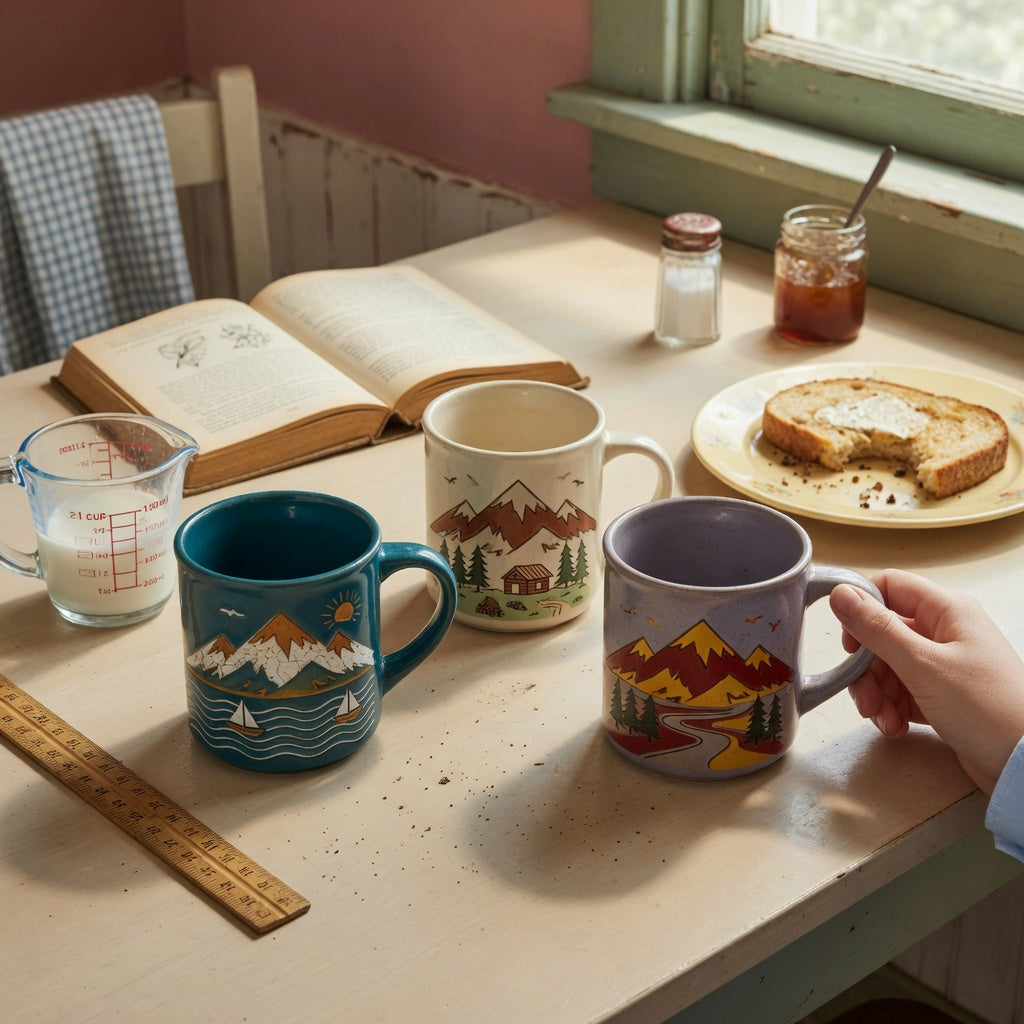 Vintage pottery coffee mugs weekend coffee practical purchase checklist with three mugs, a measuring jug, ruler, book, and breakfast plate