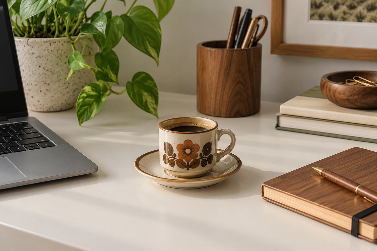 vintage retro small coffee cup for desk on a modern workspace