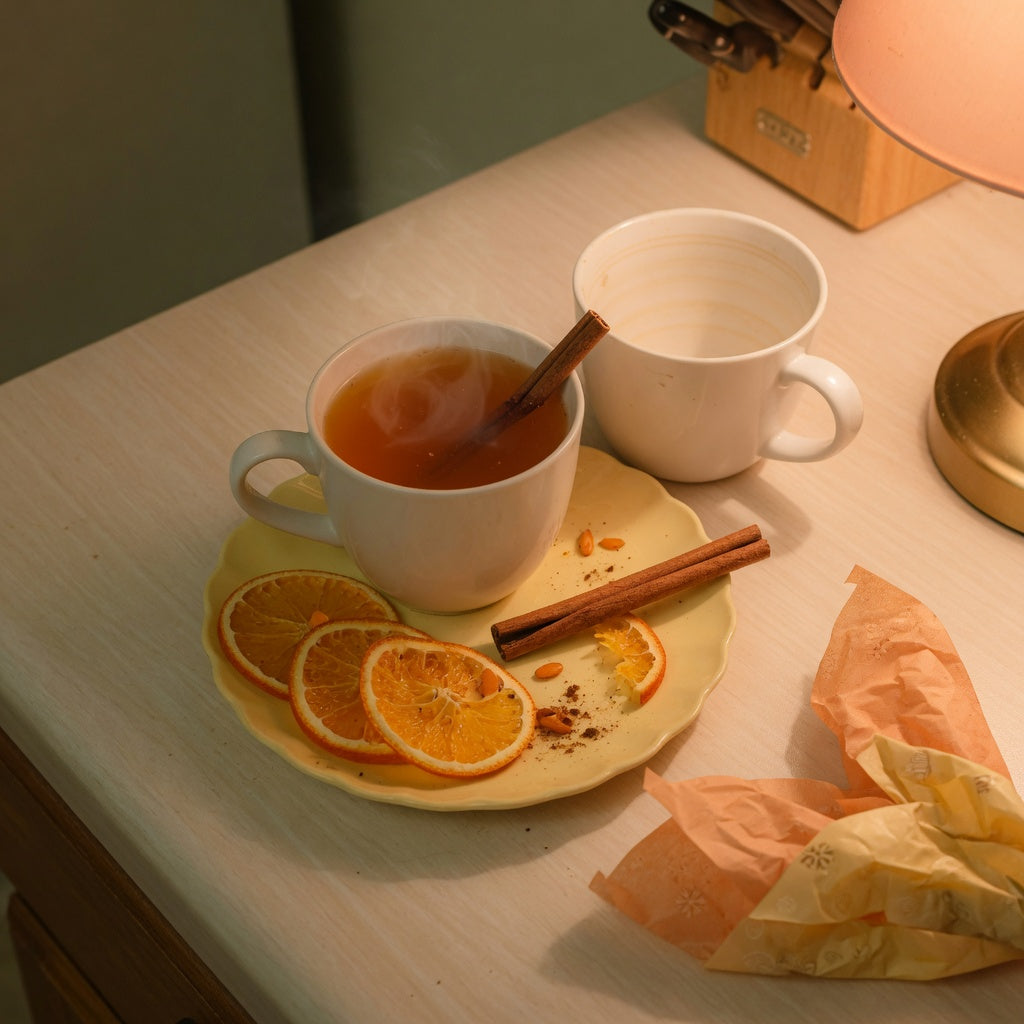 A wassail gift mug of hot cider on a kitchen counter beside citrus and cinnamon