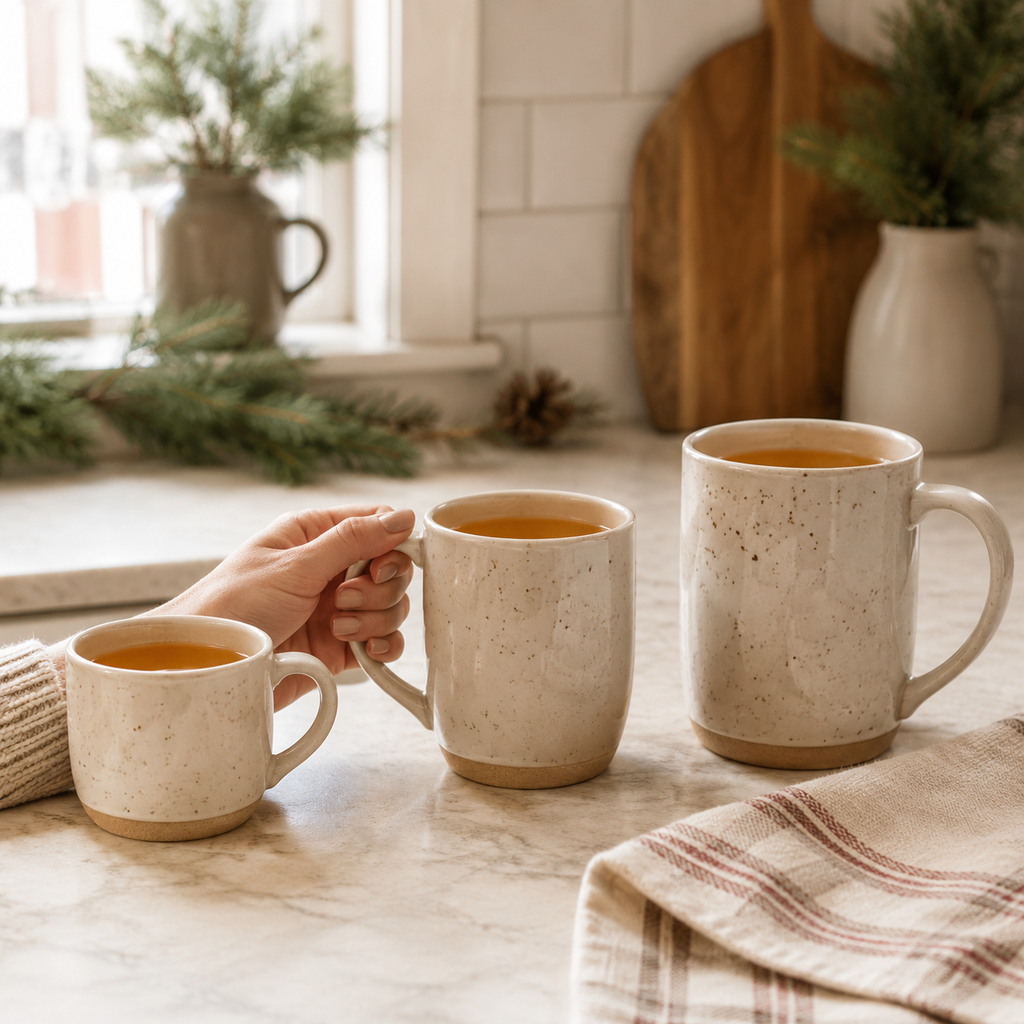 Three sizes of a wassail mug arranged on a seasonal kitchen counter, with one mug held by its handle.
