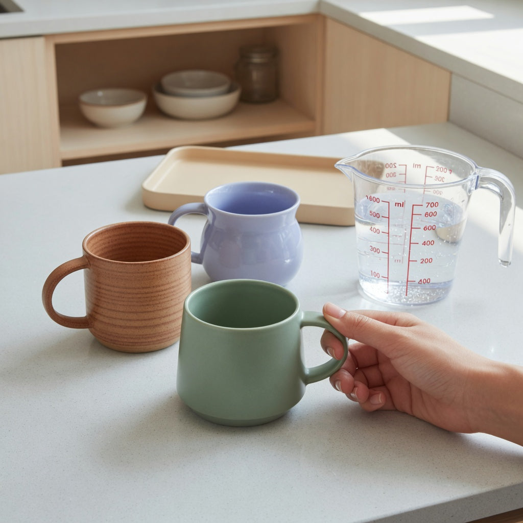 Wassail mug buying priorities compared by mug capacity, handle grip, and counter space