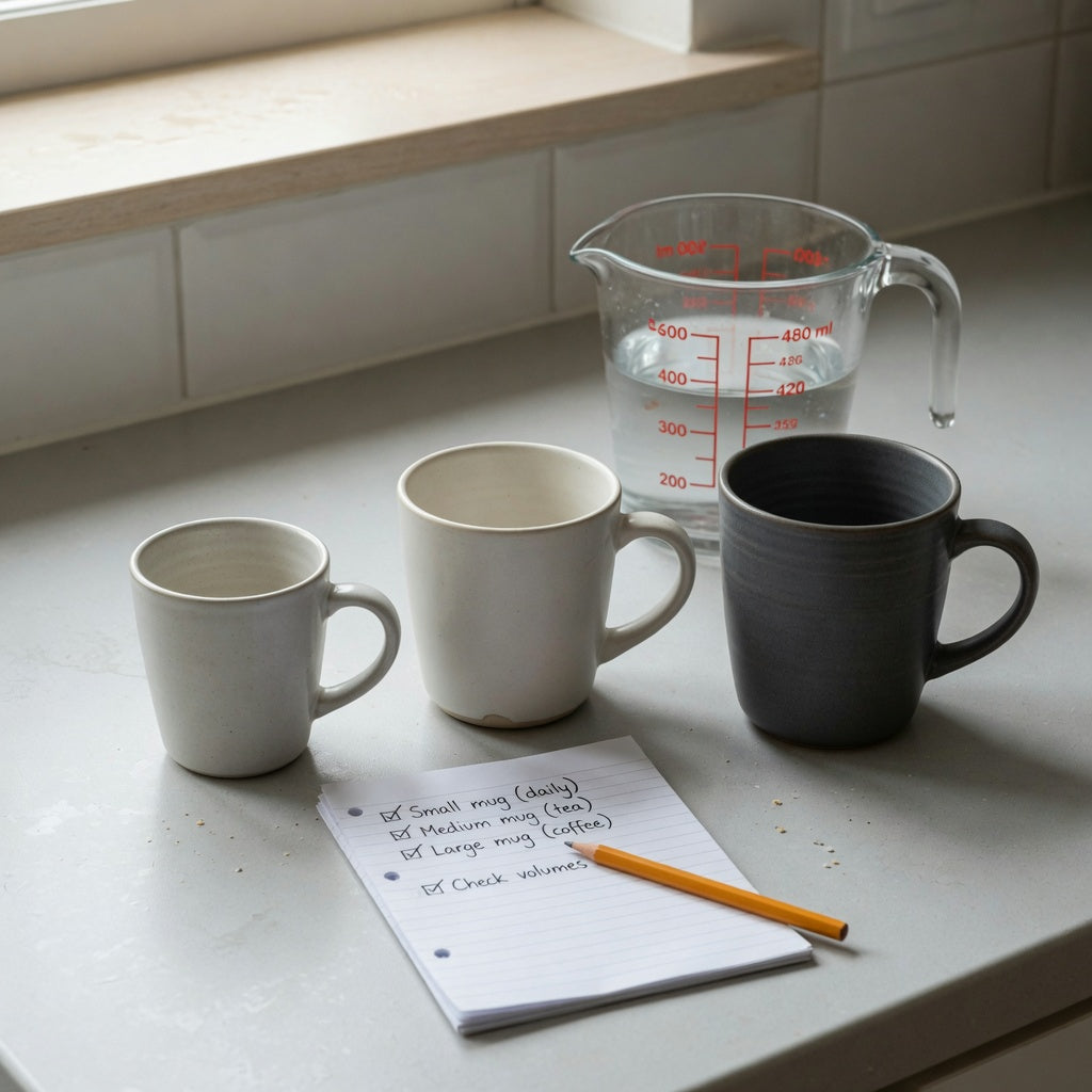 Wassail mug first time buyer practical purchase checklist with three mug sizes, a measuring jug, and visible handles on a kitchen counter