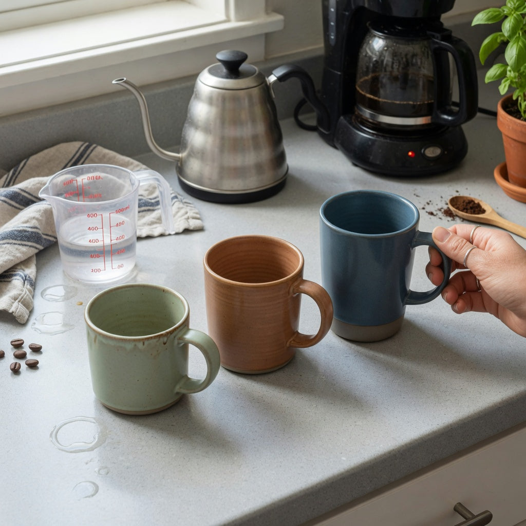 A wassail mug home coffee station product shortlist guide comparing 400 ml, 440 ml, and 480 ml options beside a kettle