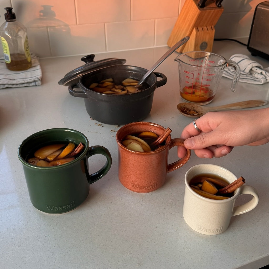 Three individual mug options beside a serving pot for the wassail mug shared household practical purchase checklist
