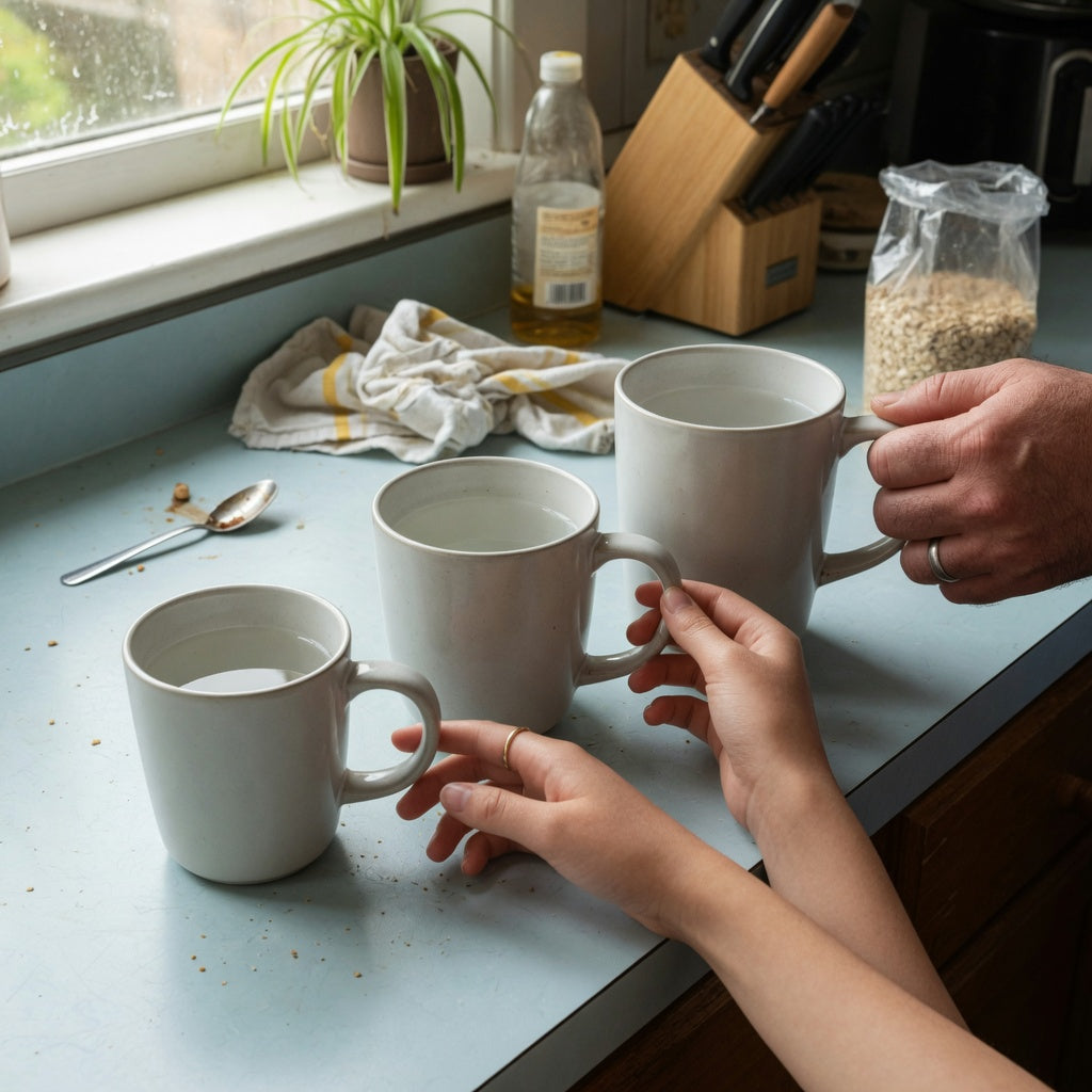 Wassail mug shared household product shortlist guide showing three capacity choices and two people comparing mug handles at a kitchen counter