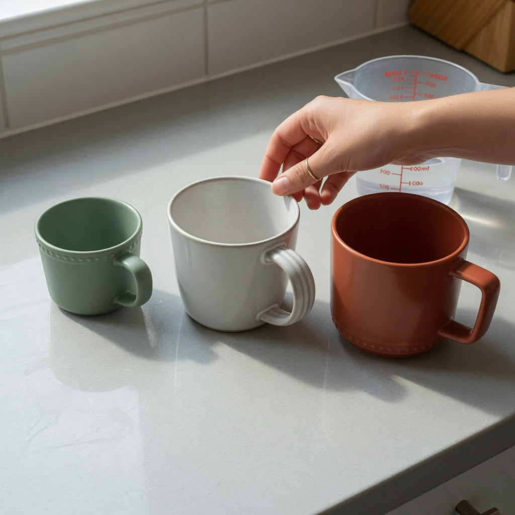 Wassail mug size decision guide comparing 400 ml, 440 ml, and 480 ml mug options on a kitchen counter