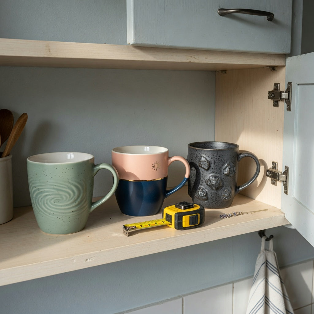 Wassail mug storage fit guide showing The Flow, Morning and Night, and The Rock on a kitchen cabinet shelf