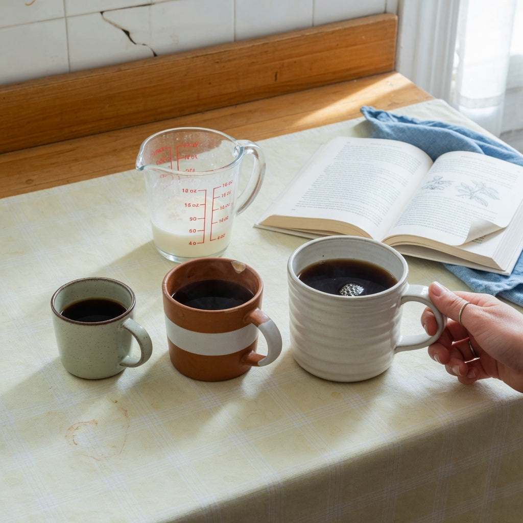 Wassail mug weekend coffee practical purchase checklist with three capacity options, a measuring jug, and a hand testing handle comfort
