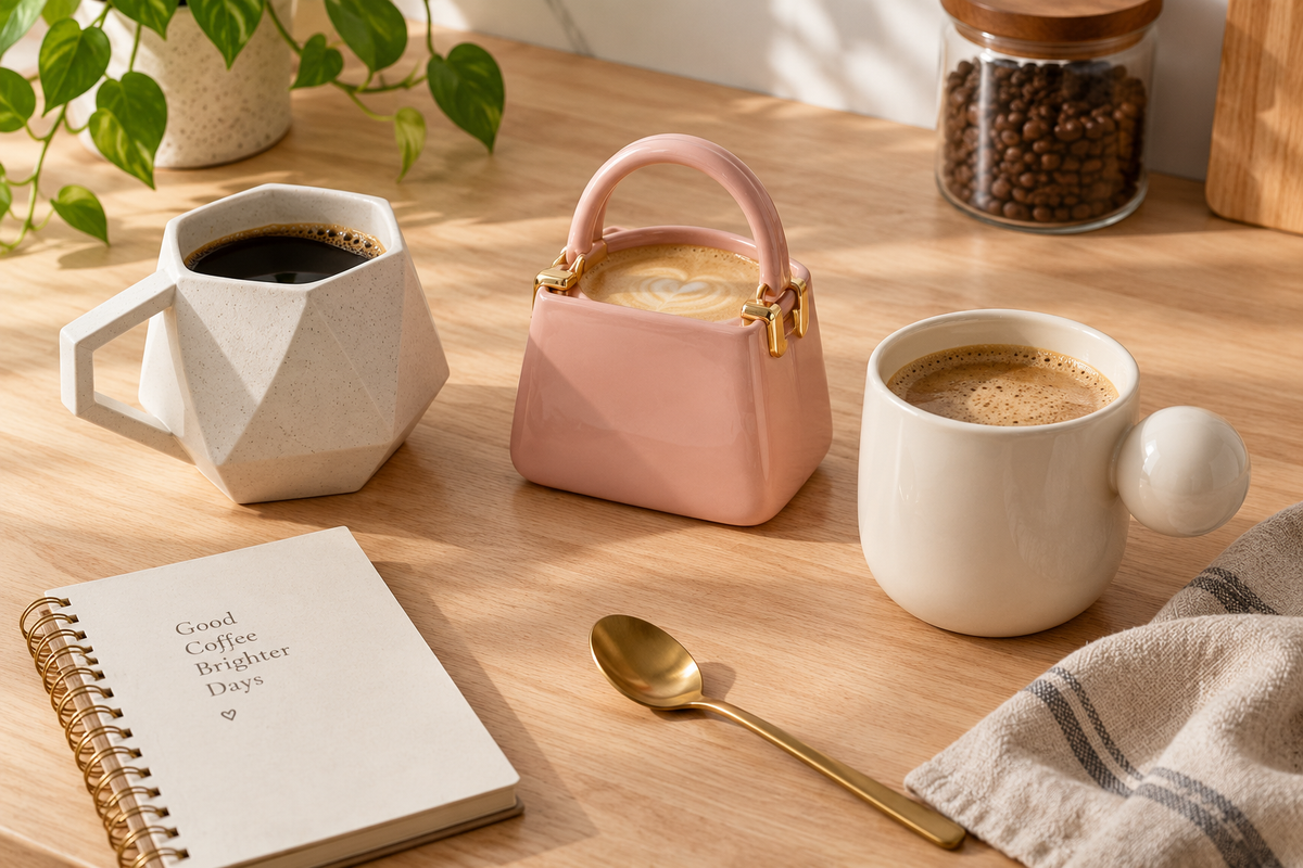 Three differently shaped coffee mugs lined up on a wooden counter, illustrating what shape coffee mug is best for grip, storage, and gifting.