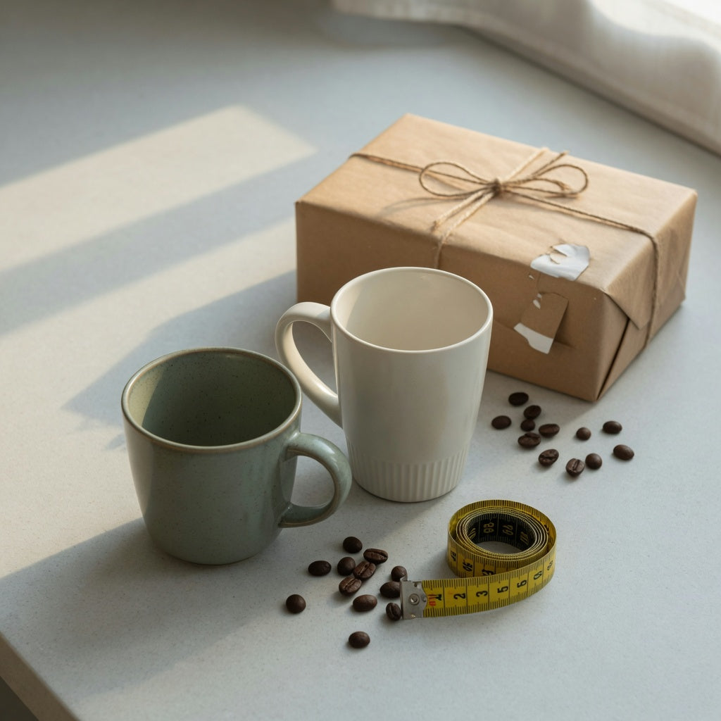 An 11 oz and a 15 oz ceramic mug side by side with a wrapped gift box, illustrating what size ceramic mug is best for gifting