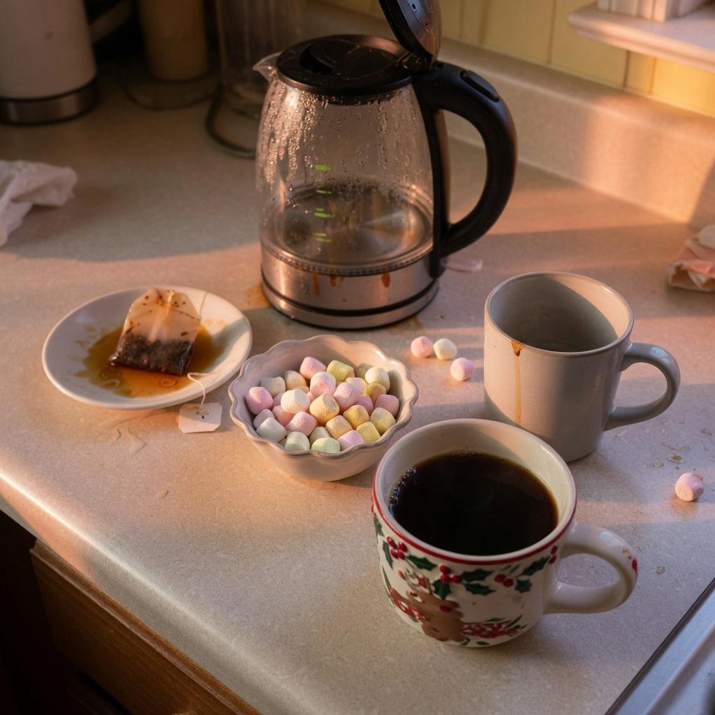 What size Christmas mug for coffee and tea on a kitchen counter beside a kettle, a tea bag, and marshmallows