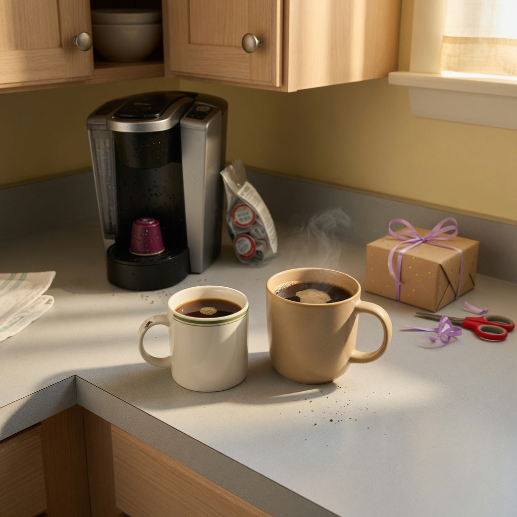 What size coffee mug is best for a gift comparison with 11 oz and 15 oz mugs on a kitchen counter